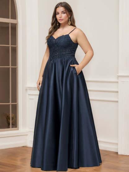 Plus Size Floor-Length A-Line Prom Dress with V-Neck and Rhinestone Lace Satin