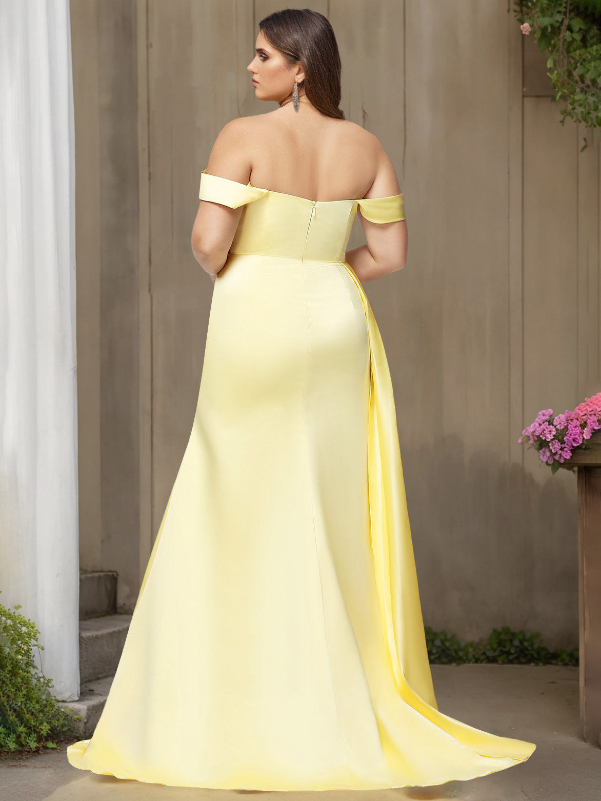 Plus Size Satin Prom Dresses with Split Side & Watteau Train in Trumpet/Mermaid Off-the-Shoulder Floor-length Style-BMbridal.UK
