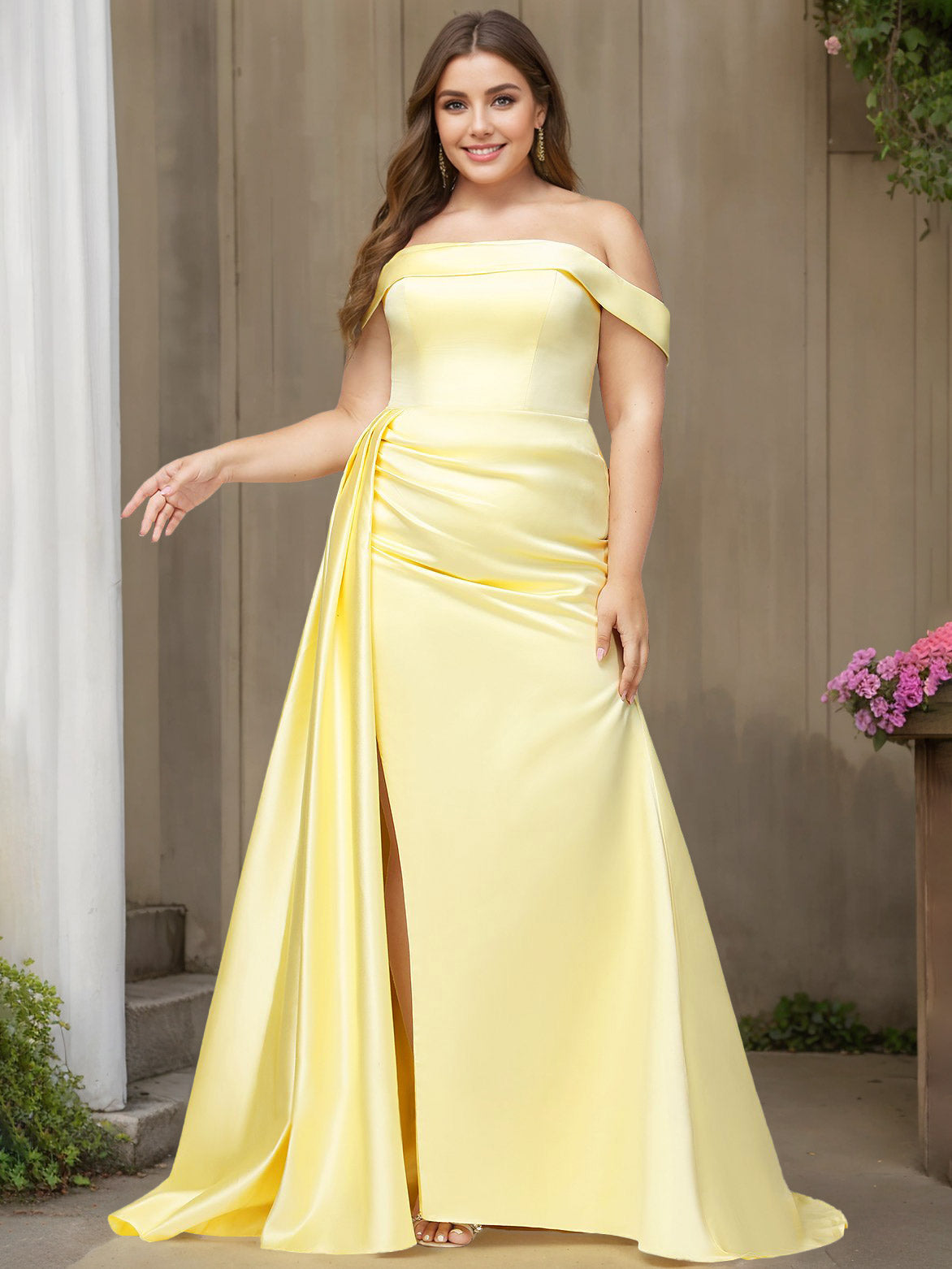 Plus Size Satin Prom Dresses with Split Side & Watteau Train in Trumpet/Mermaid Off-the-Shoulder Floor-length Style-BMbridal.UK