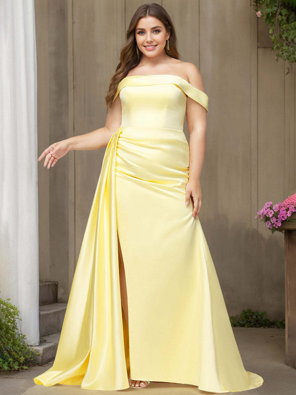 Plus Size Satin Prom Dresses with Split Side & Watteau Train in Trumpet/Mermaid Off-the-Shoulder Floor-length Style-BMbridal.UK
