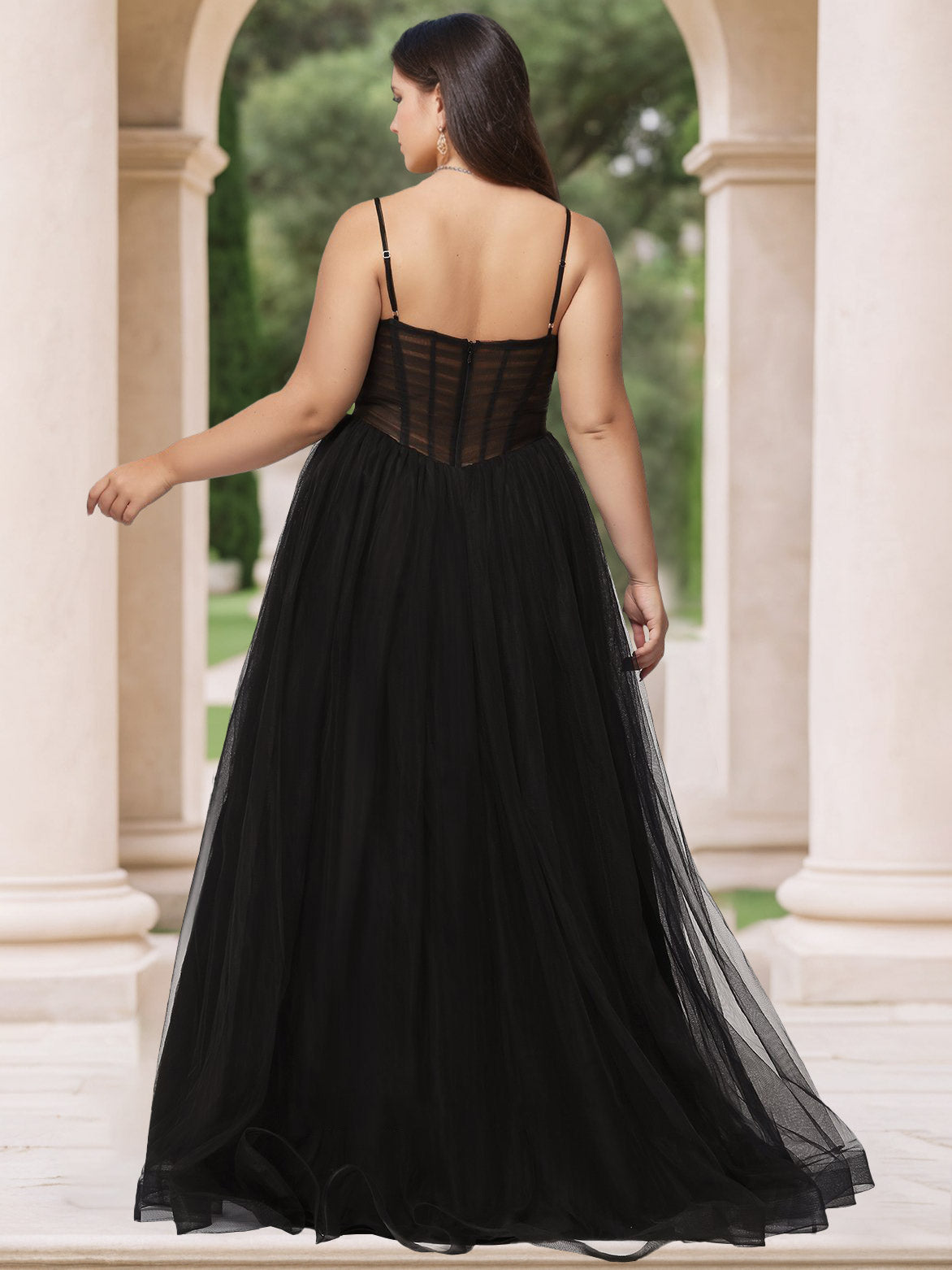 Plus Size V-Neck Ball Gown with Spaghetti Straps in Pleated Tulle Floor-Length Sleeveless Prom Dress