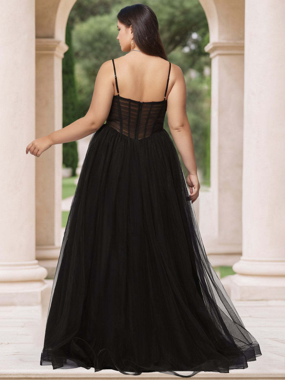 Plus Size V-Neck Ball Gown with Spaghetti Straps in Pleated Tulle Floor-Length Sleeveless Prom Dress