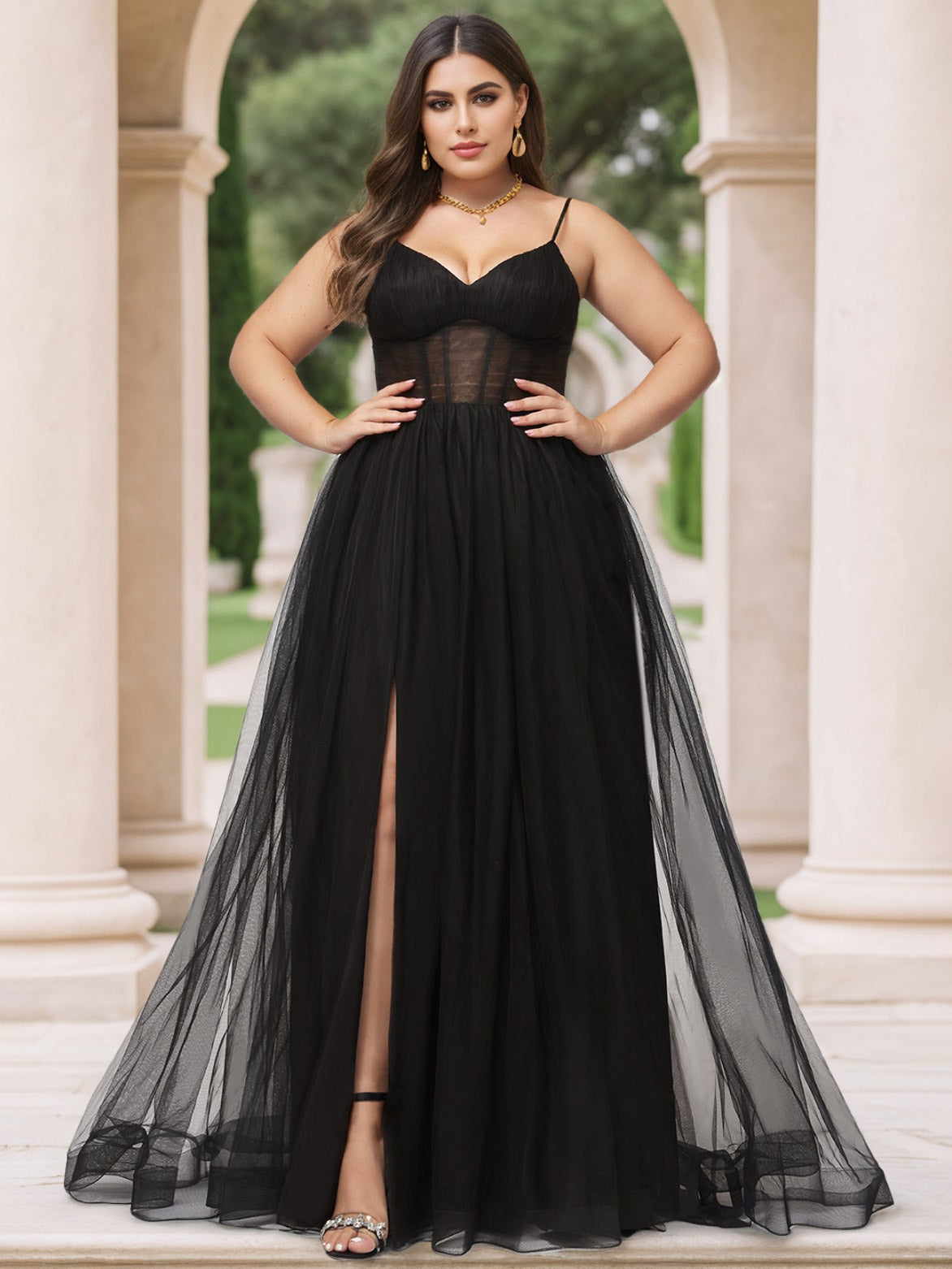 Plus Size V-Neck Ball Gown with Spaghetti Straps in Pleated Tulle Floor-Length Sleeveless Prom Dress