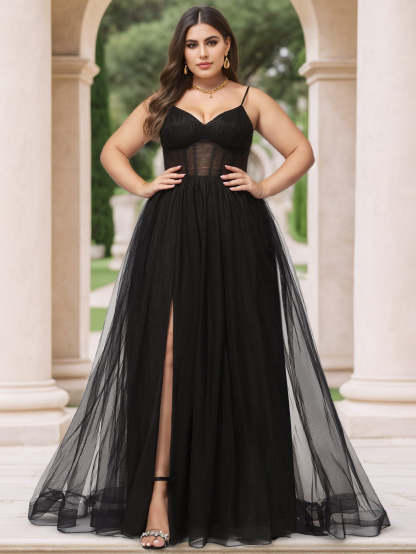 Plus Size V-Neck Ball Gown with Spaghetti Straps in Pleated Tulle Floor-Length Sleeveless Prom Dress