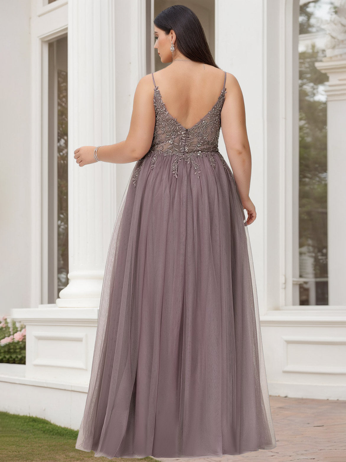 Plus Size V-Neck A-Line Princess Sleeveless Floor-Length Prom Dress in Lace Tulle with Beads & Sequins-BMbridal.UK