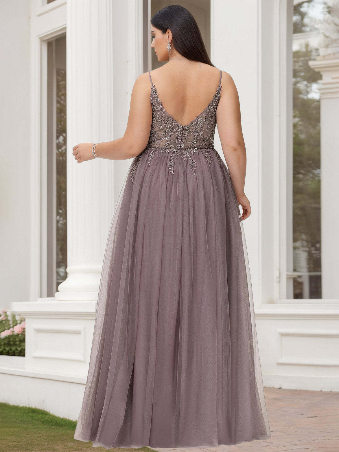 Plus Size V-Neck A-Line Princess Sleeveless Floor-Length Prom Dress in Lace Tulle with Beads & Sequins-BMbridal.UK