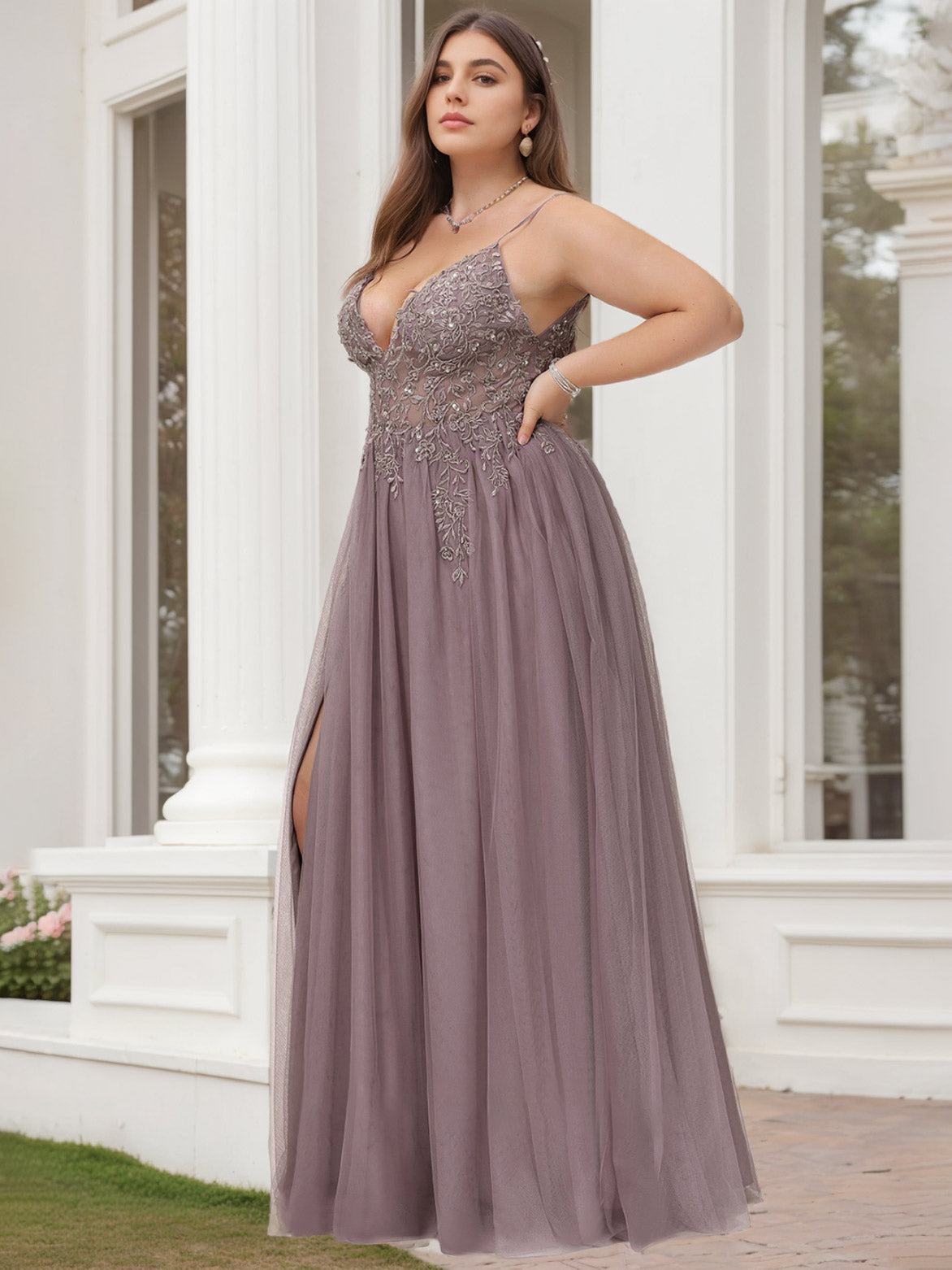 Plus Size V-Neck A-Line Princess Sleeveless Floor-Length Prom Dress in Lace Tulle with Beads & Sequins-BMbridal.UK