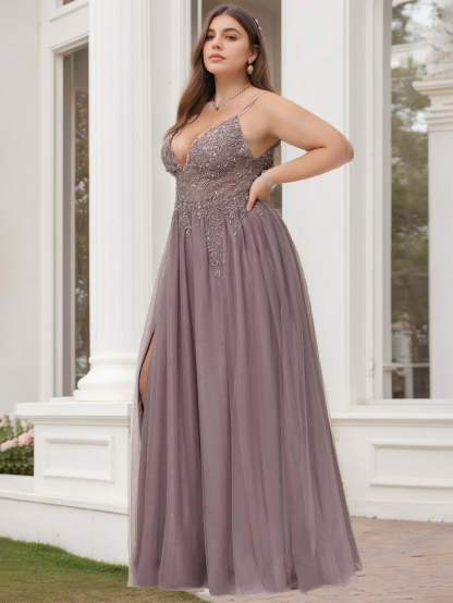 Plus Size V-Neck A-Line Princess Sleeveless Floor-Length Prom Dress in Lace Tulle with Beads & Sequins-BMbridal.UK