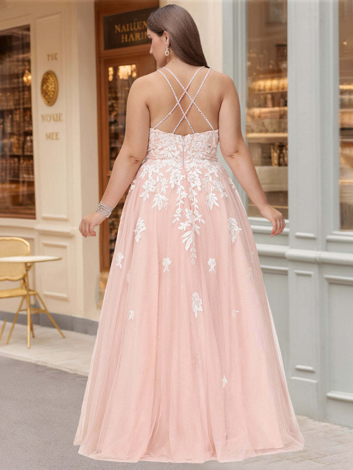 Plus Size Prom Dress with Floral Lace and Sequins: Floor-Length Ball Gown Square Neck Spaghetti Straps Sleeveless Tulle-BMbridal.UK