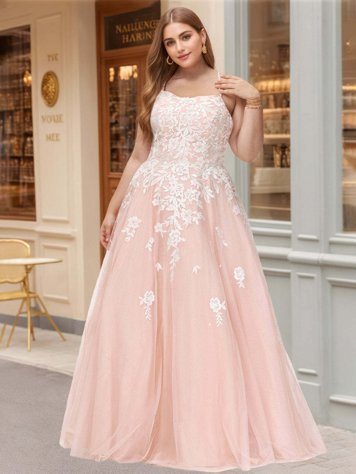 Plus Size Prom Dress with Floral Lace and Sequins: Floor-Length Ball Gown Square Neck Spaghetti Straps Sleeveless Tulle-BMbridal.UK