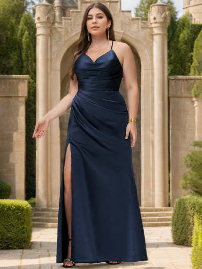 V-Neck Sleeveless Satin Plus Size Prom Dress with Side Split & Pleated Sheath/Column Floor-Length Design-BMbridal.UK