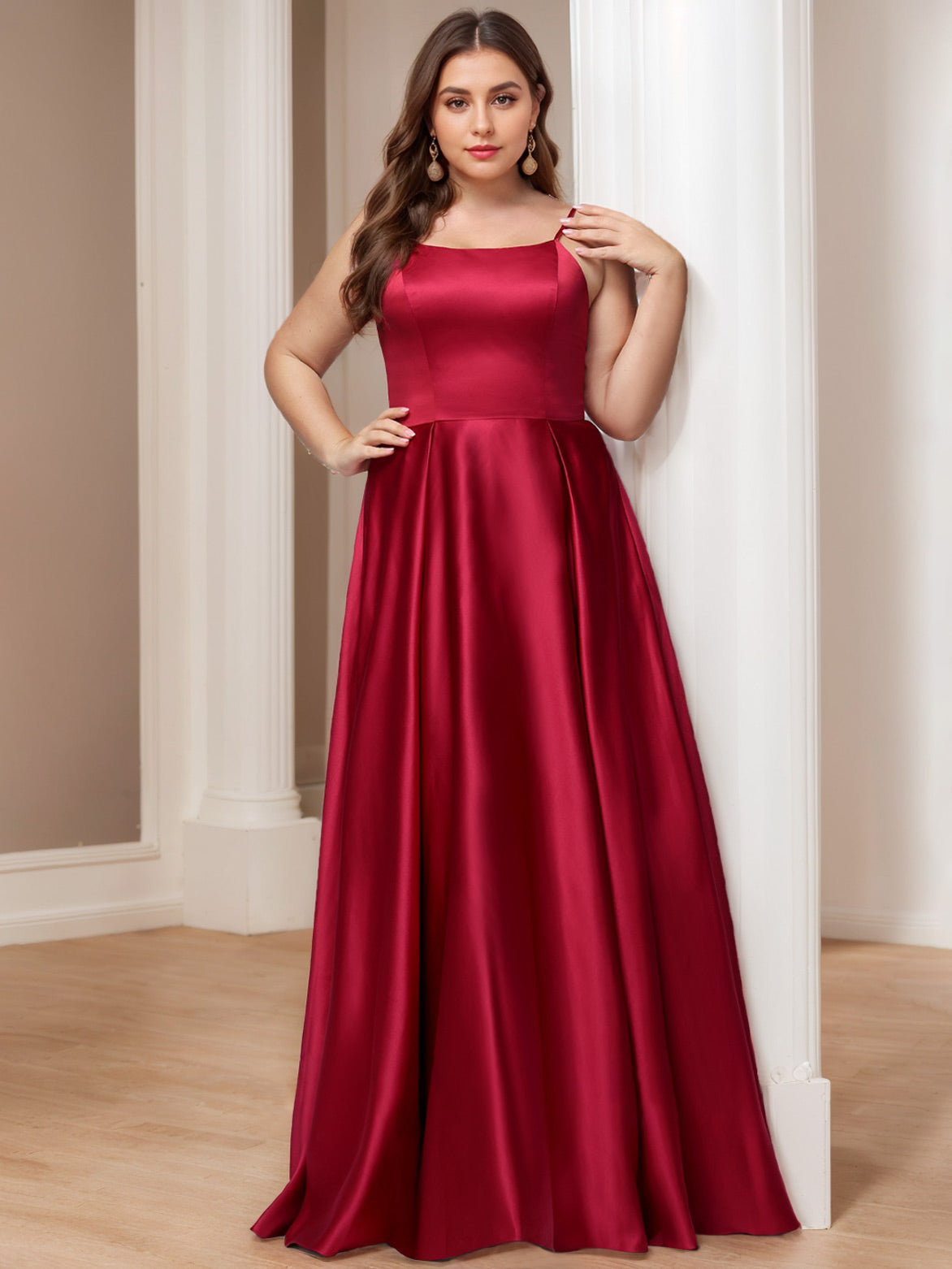 Plus Size Satin Prom Dress with Square Neck and A-Line Princess Silhouette