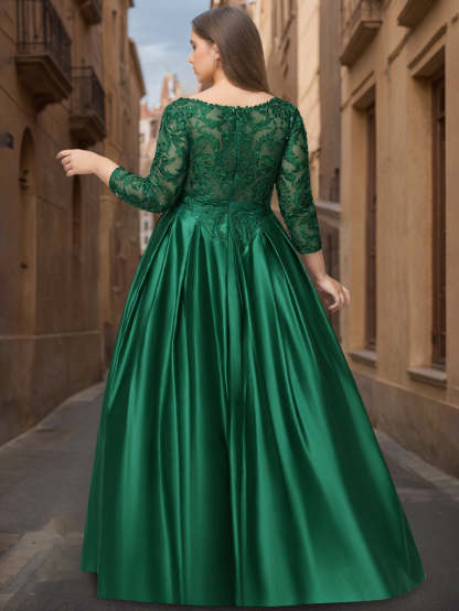 Plus Size Satin Prom Dress with V-Neck Long Sleeves and Floor-Length Ball Gown Featuring Sequins & Beads-BMbridal.UK