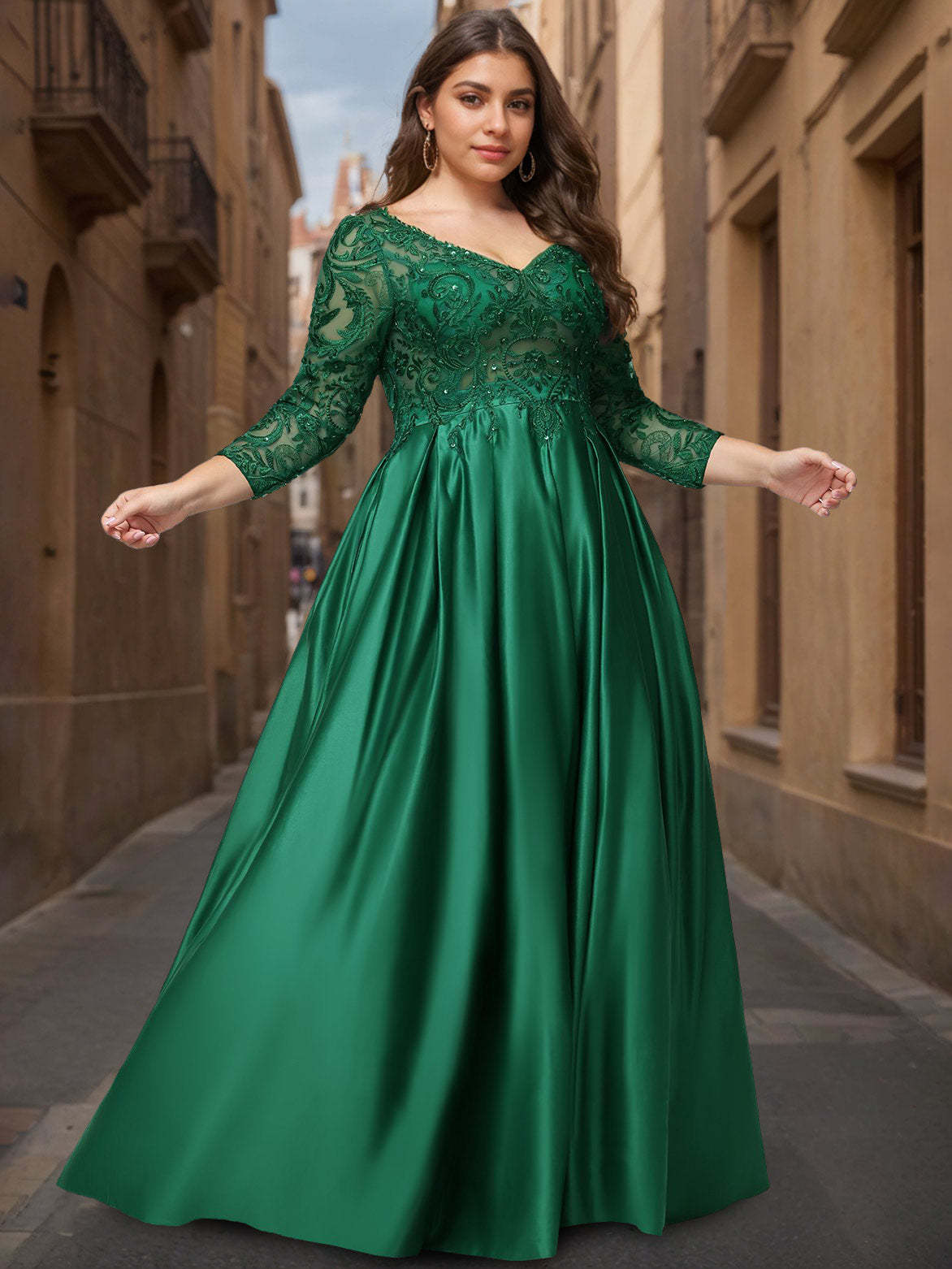 Plus Size Satin Prom Dress with V-Neck Long Sleeves and Floor-Length Ball Gown Featuring Sequins & Beads-BMbridal.UK