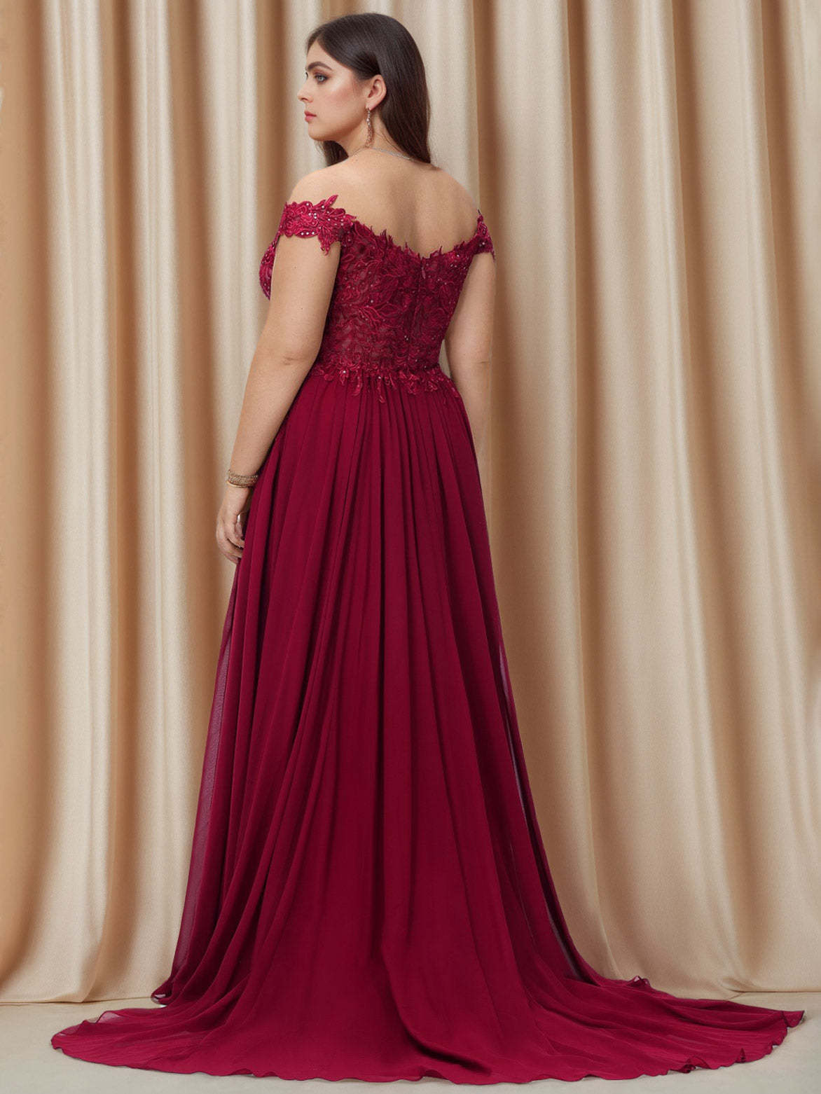 Plus Size Chiffon Lace Prom Dress with Sequins – Off-the-Shoulder A-Line/Princess Sleeveless