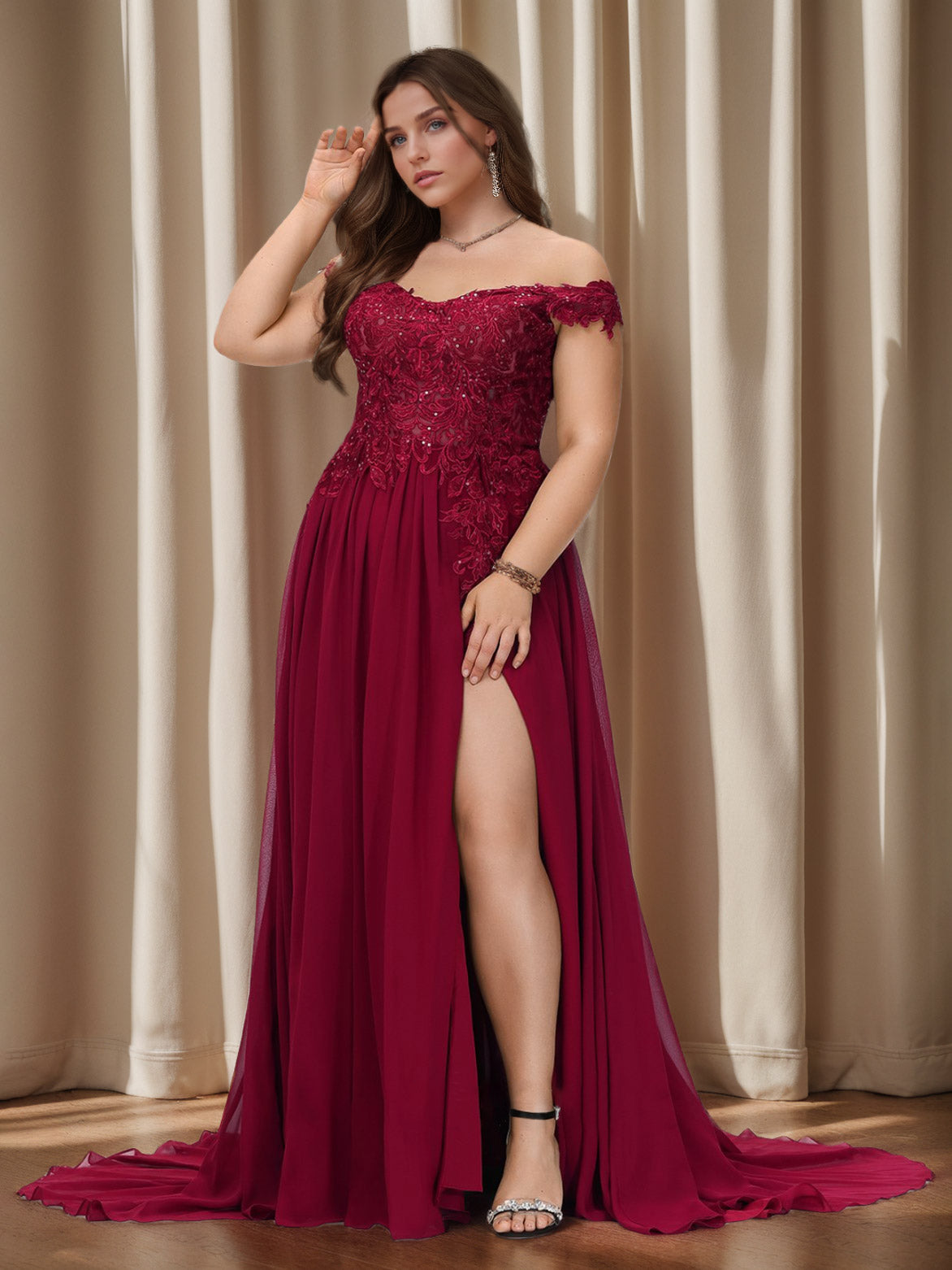 Plus Size Chiffon Lace Prom Dress with Sequins – Off-the-Shoulder A-Line/Princess Sleeveless