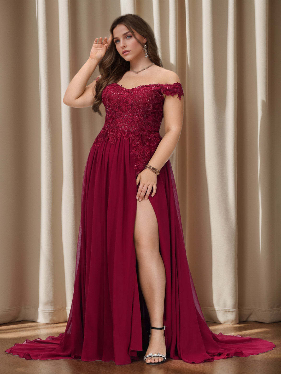 Plus Size Chiffon Lace Prom Dress with Sequins – Off-the-Shoulder A-Line/Princess Sleeveless