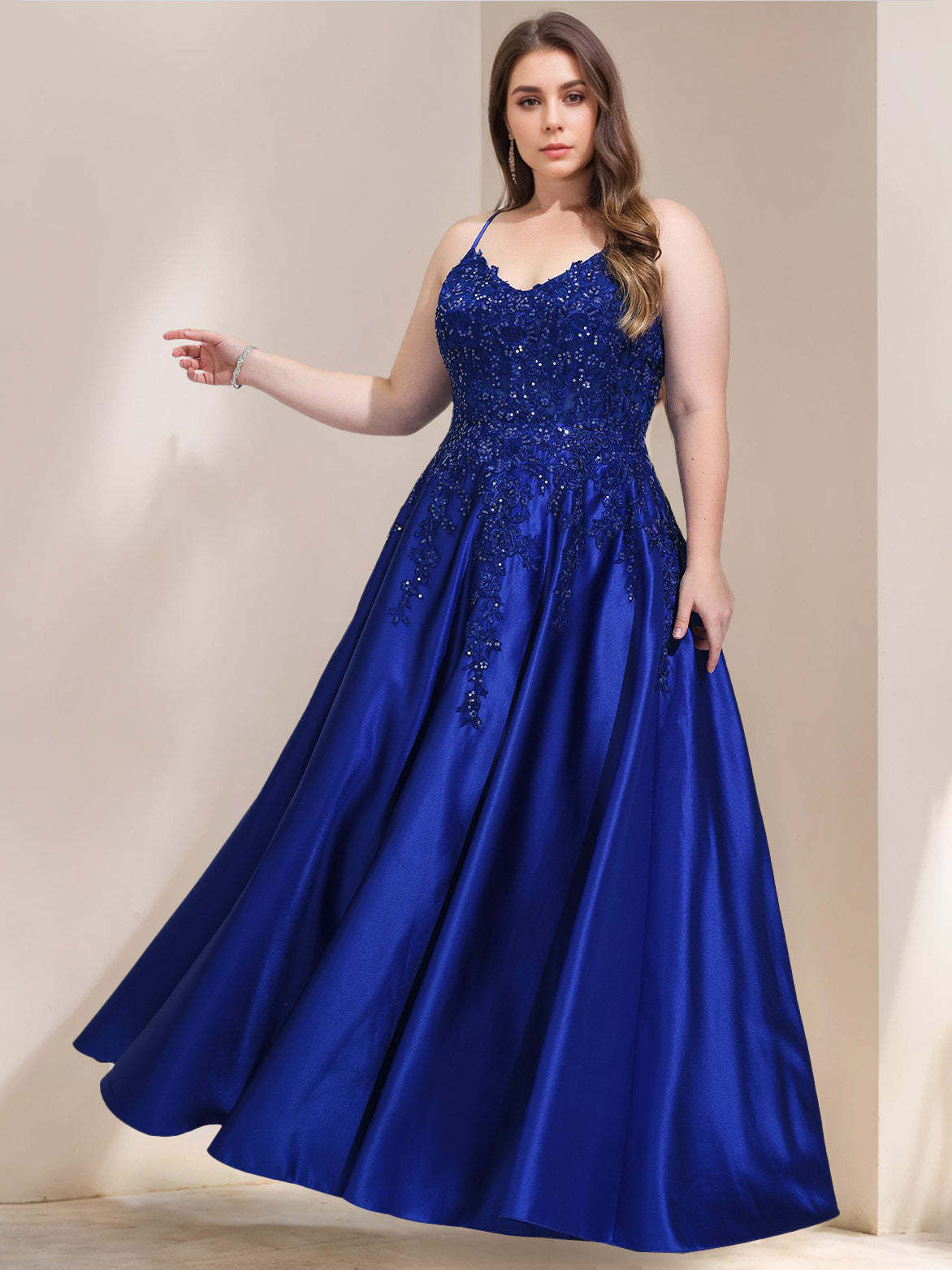 V-Neck Sleeveless Plus Size A-Line Princess Prom Dress in Satin with Lace and Sequins