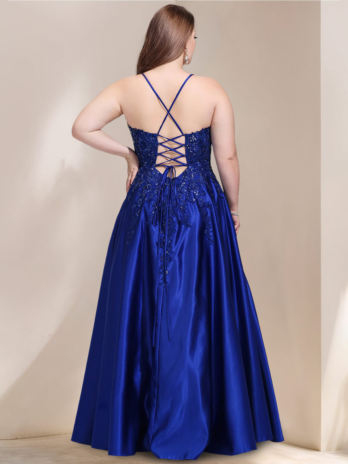 V-Neck Sleeveless Plus Size A-Line Princess Prom Dress in Satin with Lace and Sequins