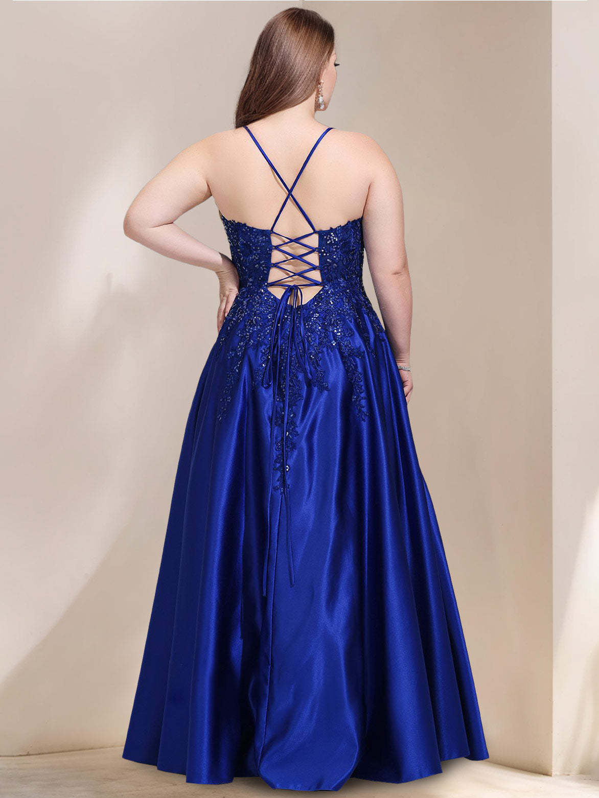 V-Neck Sleeveless Plus Size A-Line Princess Prom Dress in Satin with Lace and Sequins
