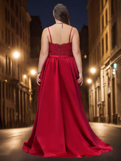 Plus Size Floor-Length Sleeveless A-Line Prom Dress with V-Neck Appliques and Side Split