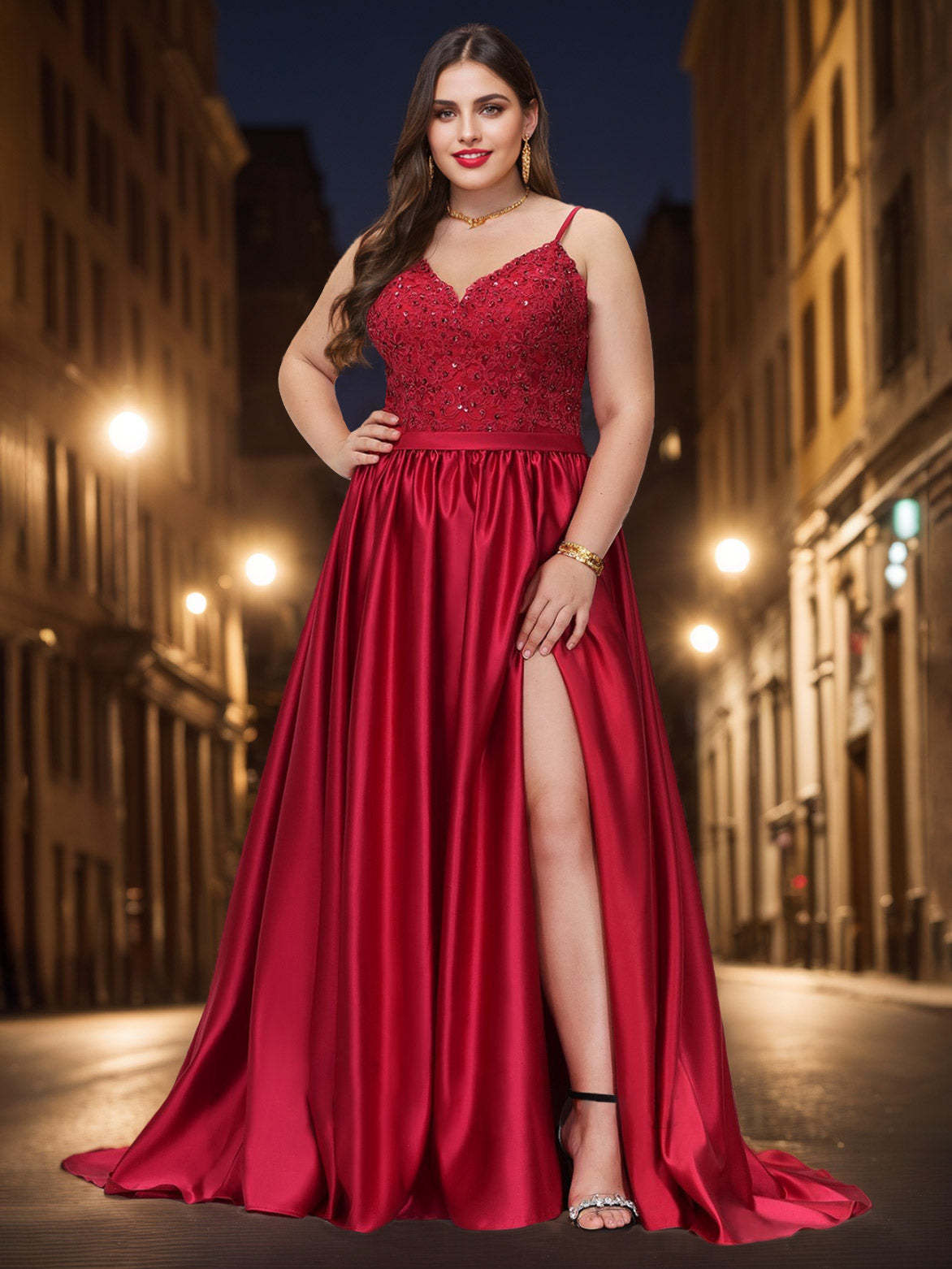 Plus Size Floor-Length Sleeveless A-Line Prom Dress with V-Neck Appliques and Side Split