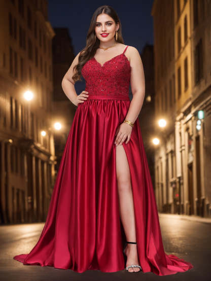 Plus Size Floor-Length Sleeveless A-Line Prom Dress with V-Neck Appliques and Side Split