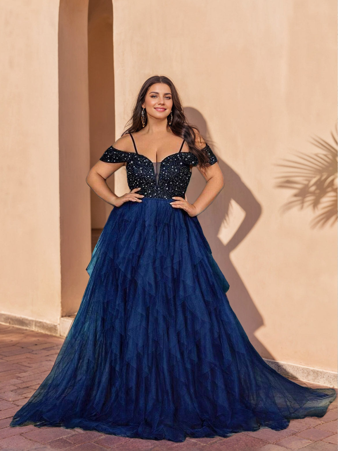 Plus Size A-Line Princess Prom Dress with Off-the-Shoulder Neckline and Floor-Length Sequined Design