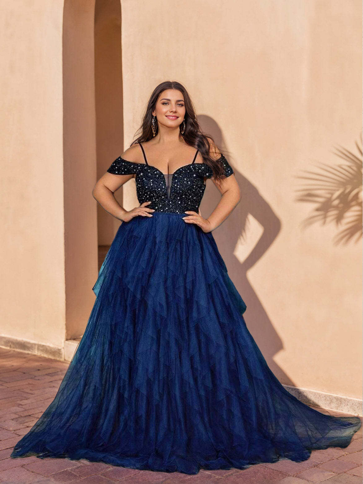 Plus Size A-Line Princess Prom Dress with Off-the-Shoulder Neckline and Floor-Length Sequined Design