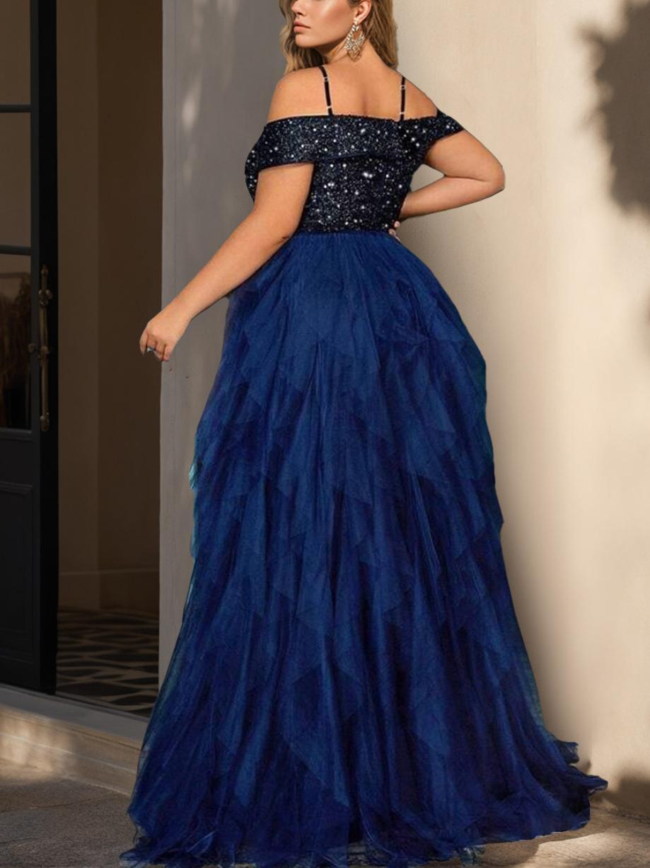 Plus Size A-Line Princess Prom Dress with Off-the-Shoulder Neckline and Floor-Length Sequined Design
