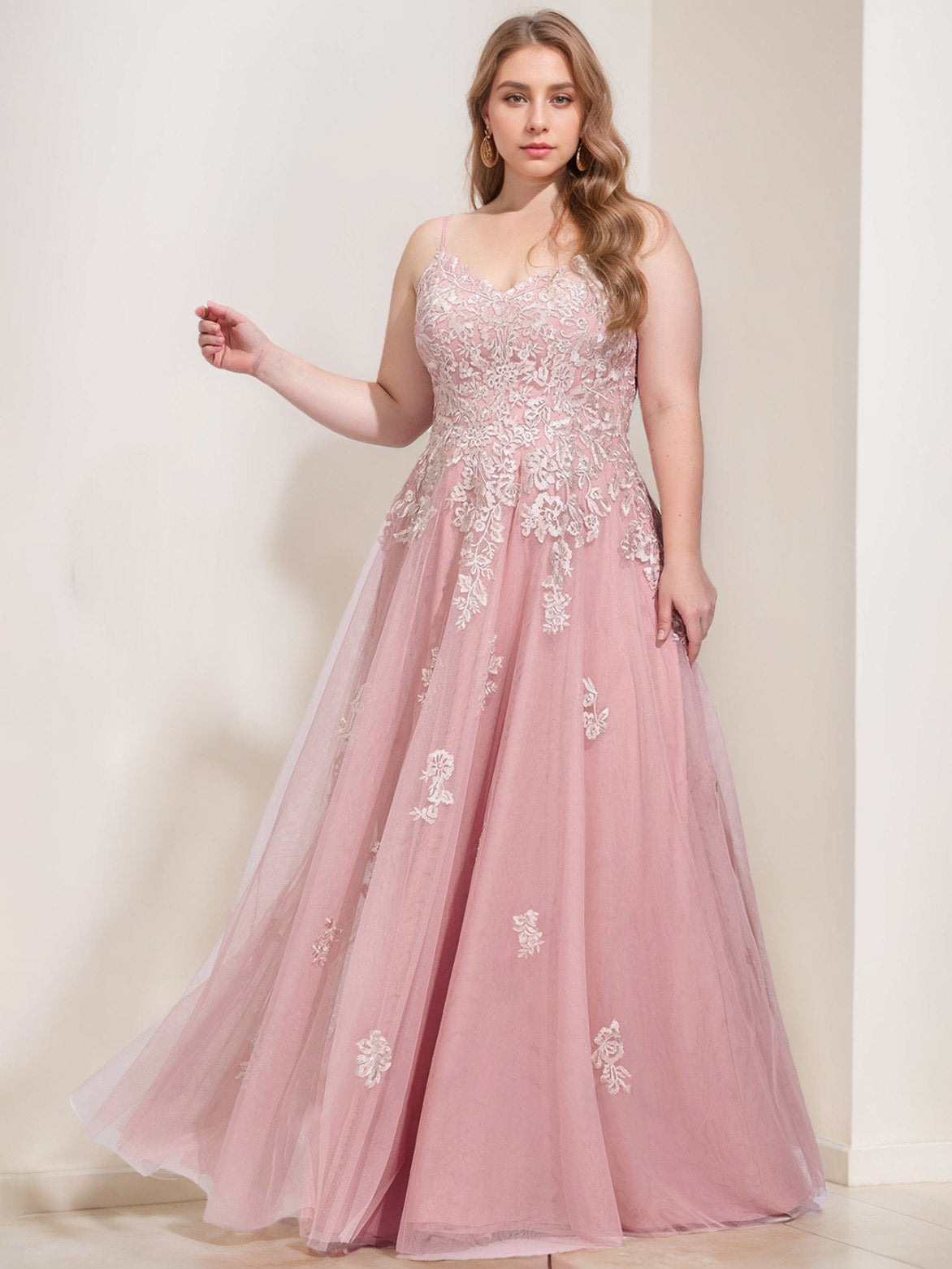 Plus Size V-Neck Spaghetti Strap Tulle Ball Gown with Sequins Floor-Length Prom Dress