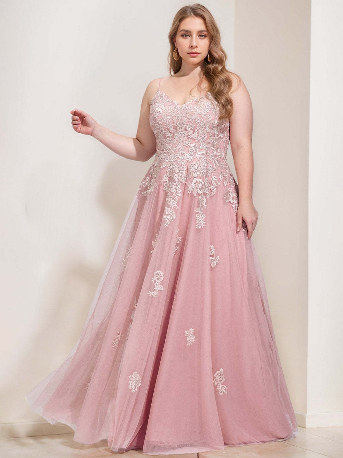 Plus Size V-Neck Spaghetti Strap Tulle Ball Gown with Sequins Floor-Length Prom Dress