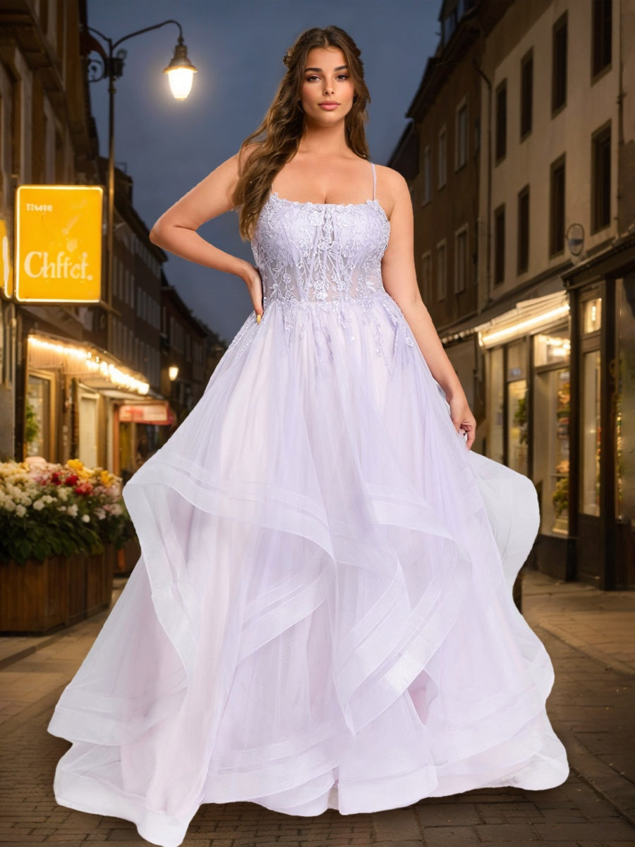 Plus Size Prom Dress with Appliques: Square Neck Spaghetti Strap Ball Gown in Tulle