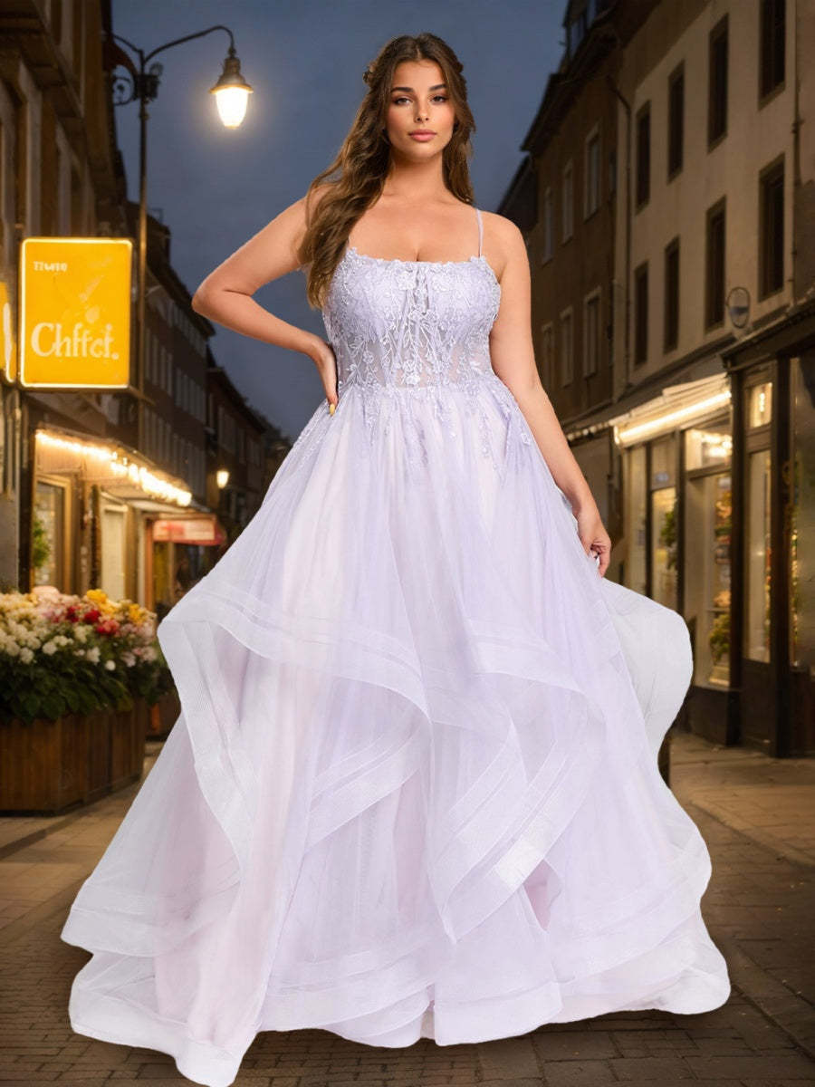 Plus Size Prom Dress with Appliques: Square Neck Spaghetti Strap Ball Gown in Tulle
