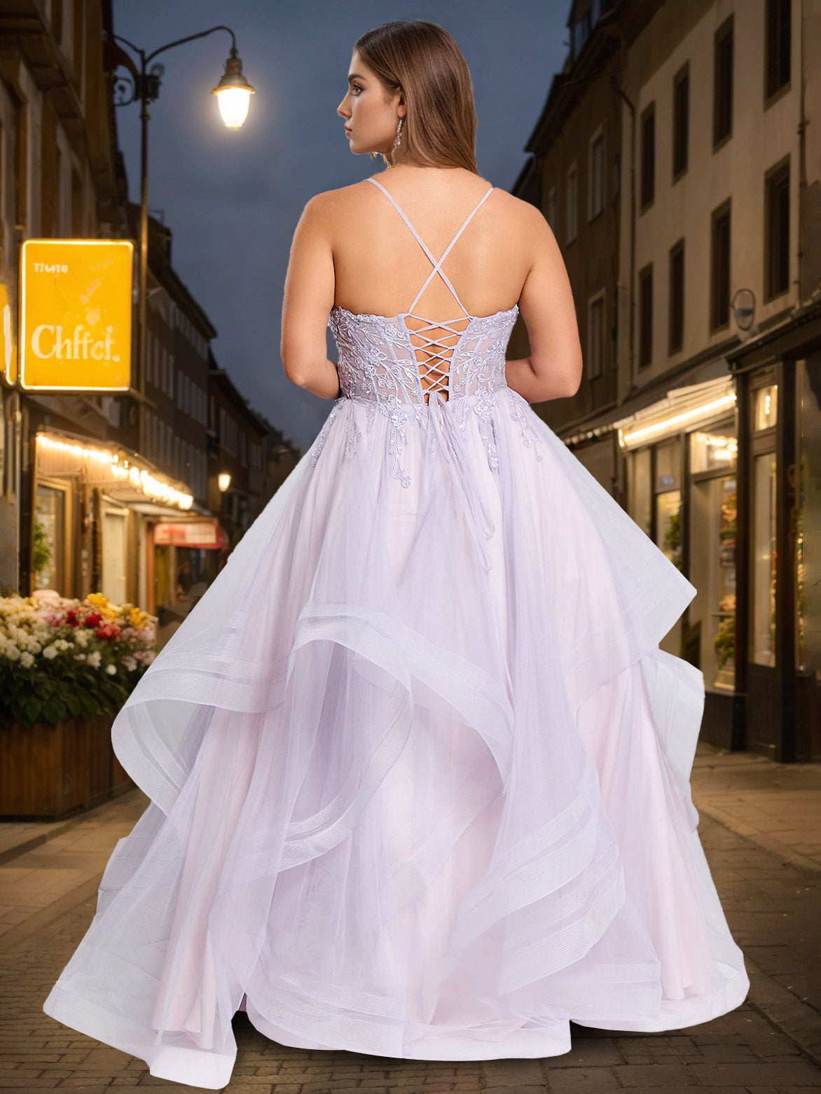 Plus Size Prom Dress with Appliques: Square Neck Spaghetti Strap Ball Gown in Tulle
