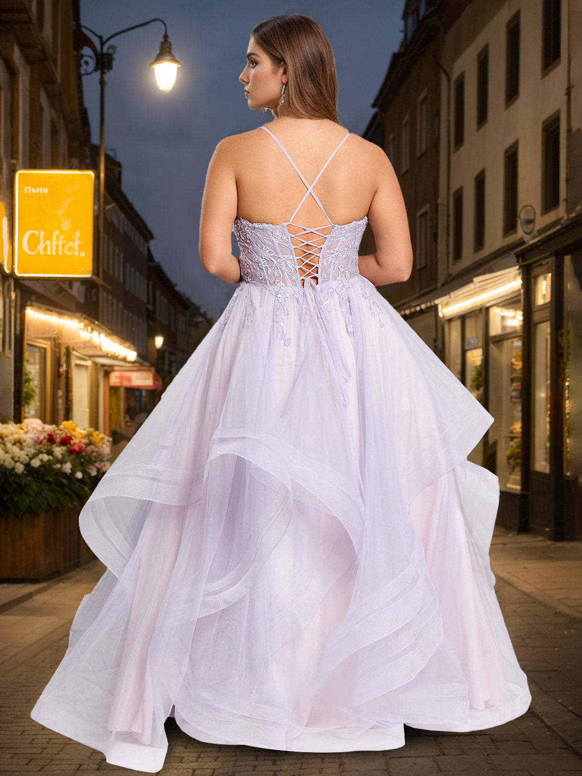 Plus Size Prom Dress with Appliques: Square Neck Spaghetti Strap Ball Gown in Tulle