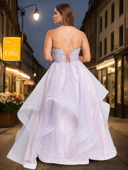 Plus Size Prom Dress with Appliques: Square Neck Spaghetti Strap Ball Gown in Tulle