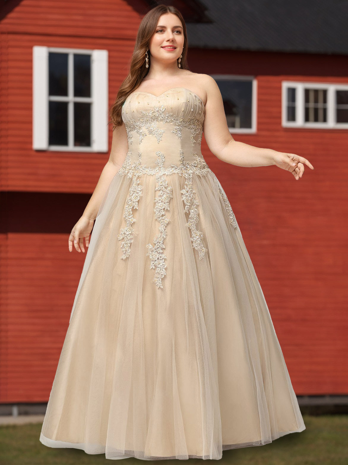 Plus Size Prom Dresses with Sweetheart Neckline Sleeveless Floor-Length Tulle Ball Gown Featuring Appliques Lace & Beads-BMbridal.UK