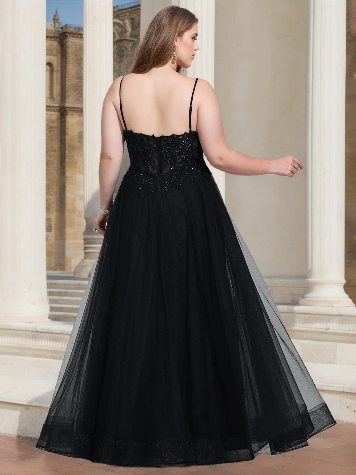 Plus Size V-Neck Sleeveless A-Line Princess Floor-Length Prom Dress With Sequins & Side Split