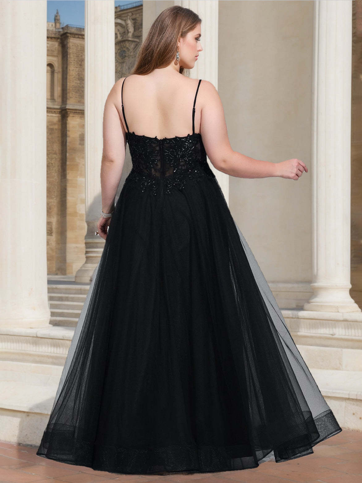 Plus Size V-Neck Sleeveless A-Line Princess Floor-Length Prom Dress With Sequins & Side Split