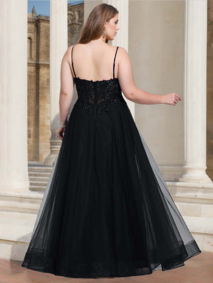 Plus Size V-Neck Sleeveless A-Line Princess Floor-Length Prom Dress With Sequins & Side Split