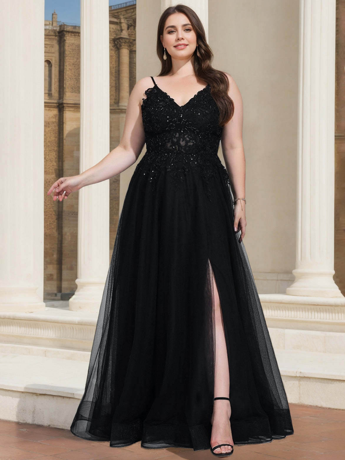 Plus Size V-Neck Sleeveless A-Line Princess Floor-Length Prom Dress With Sequins & Side Split