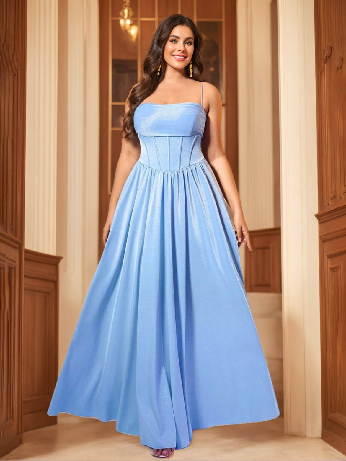 Plus Size Spaghetti Strap A-Line Floor-Length Prom Dress With Ruffles