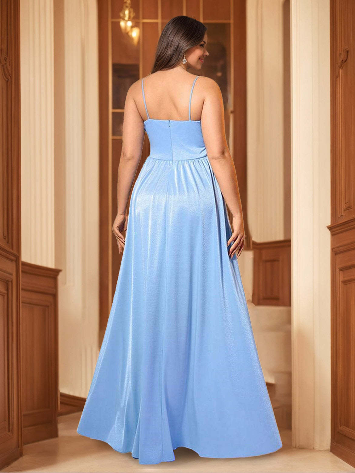 Plus Size Spaghetti Strap A-Line Floor-Length Prom Dress With Ruffles