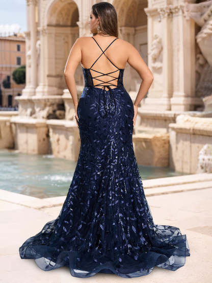 Plus Size Prom Dresses with V-Neck Mermaid/Trumpet Style Floor-length Hem & Side Split Sequins