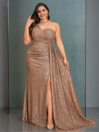 One-Shoulder Sleeveless Plus Size Prom Dress with Sequins Side Split and Watteau Train