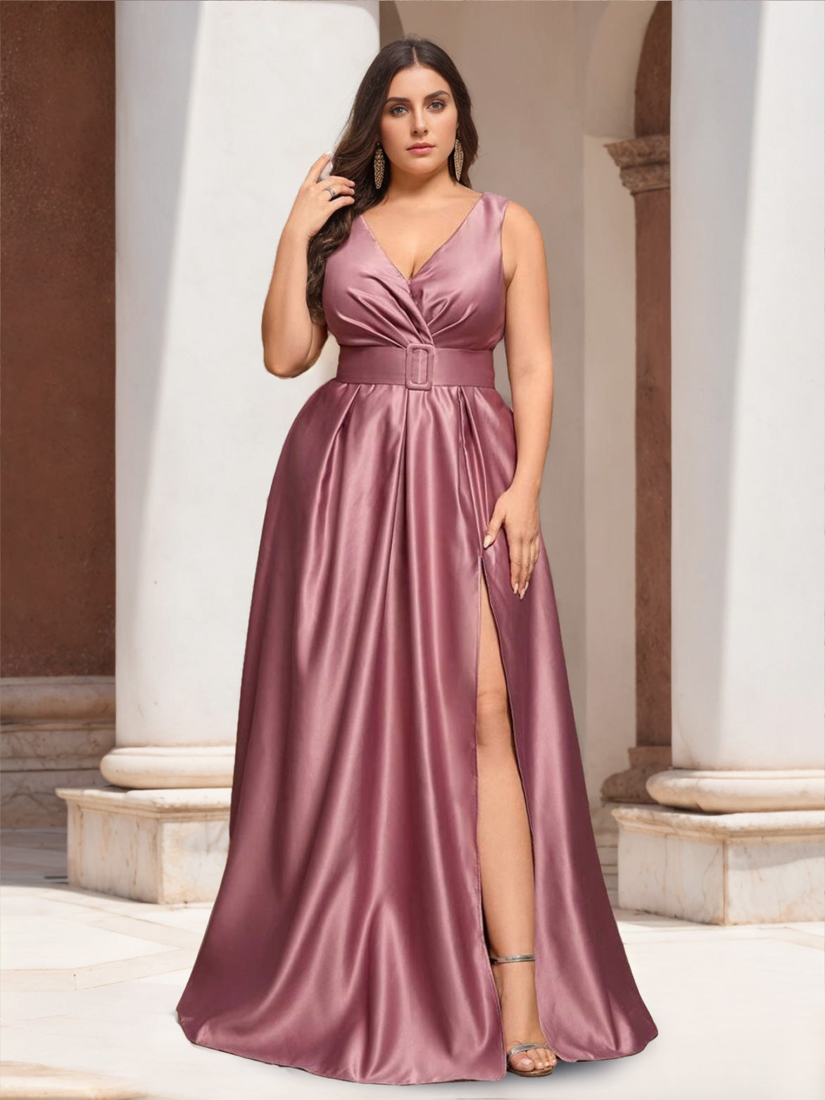 Plus Size Floor-Length A-Line Prom Dress With V-Neck Ruffles and Side Split