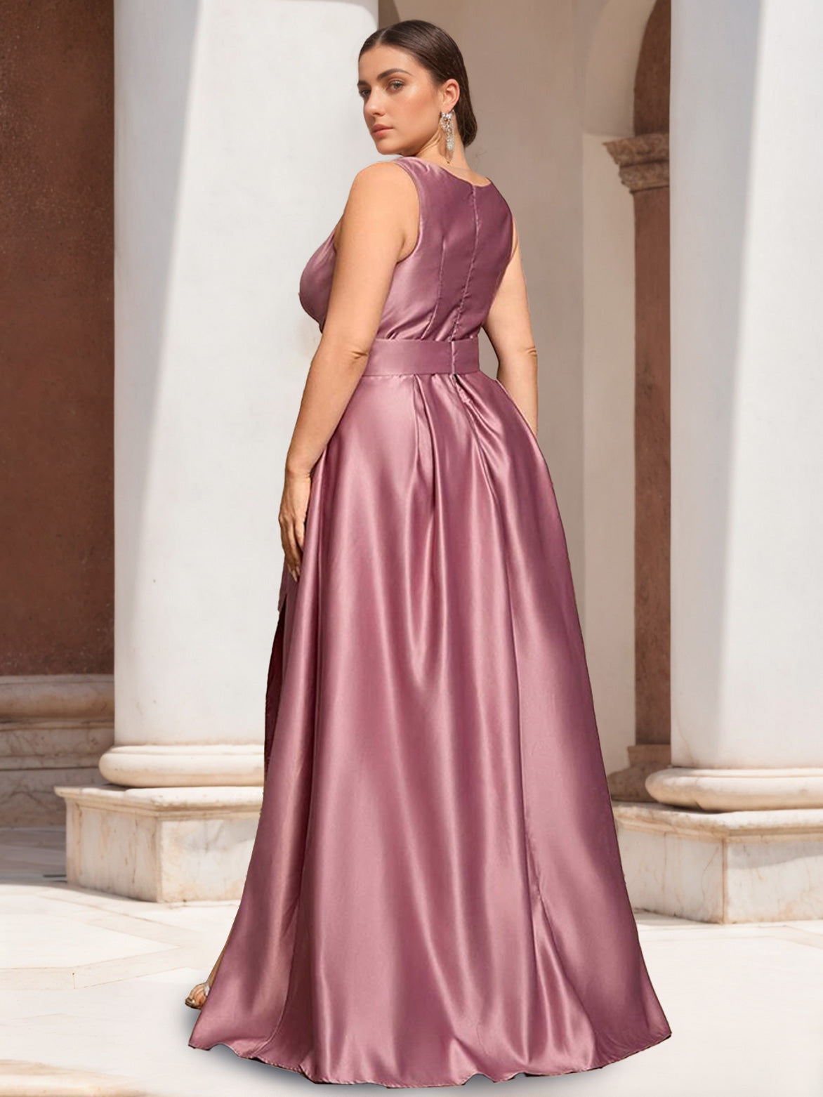 Plus Size Floor-Length A-Line Prom Dress With V-Neck Ruffles and Side Split