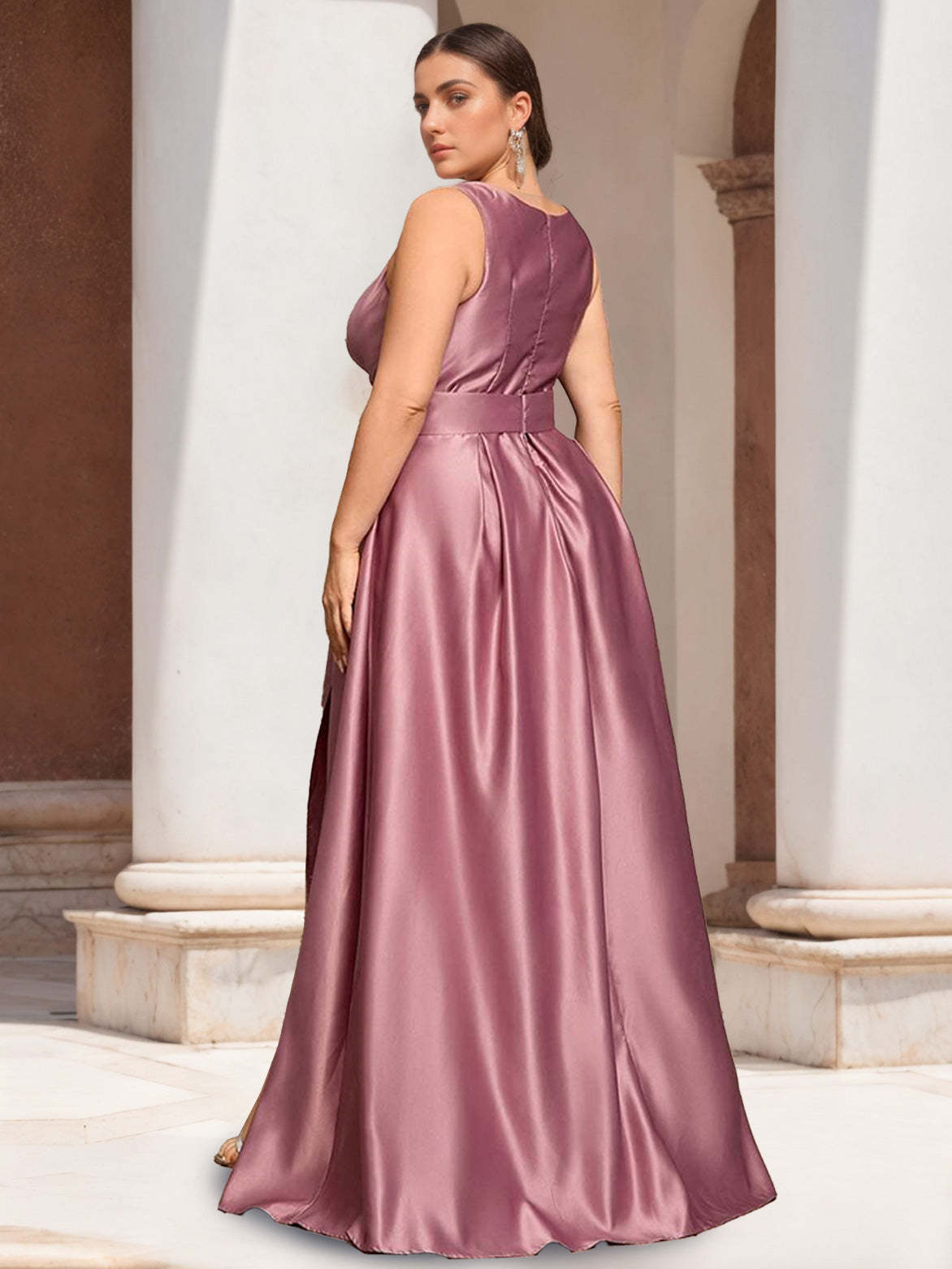 Plus Size Floor-Length A-Line Prom Dress With V-Neck Ruffles and Side Split