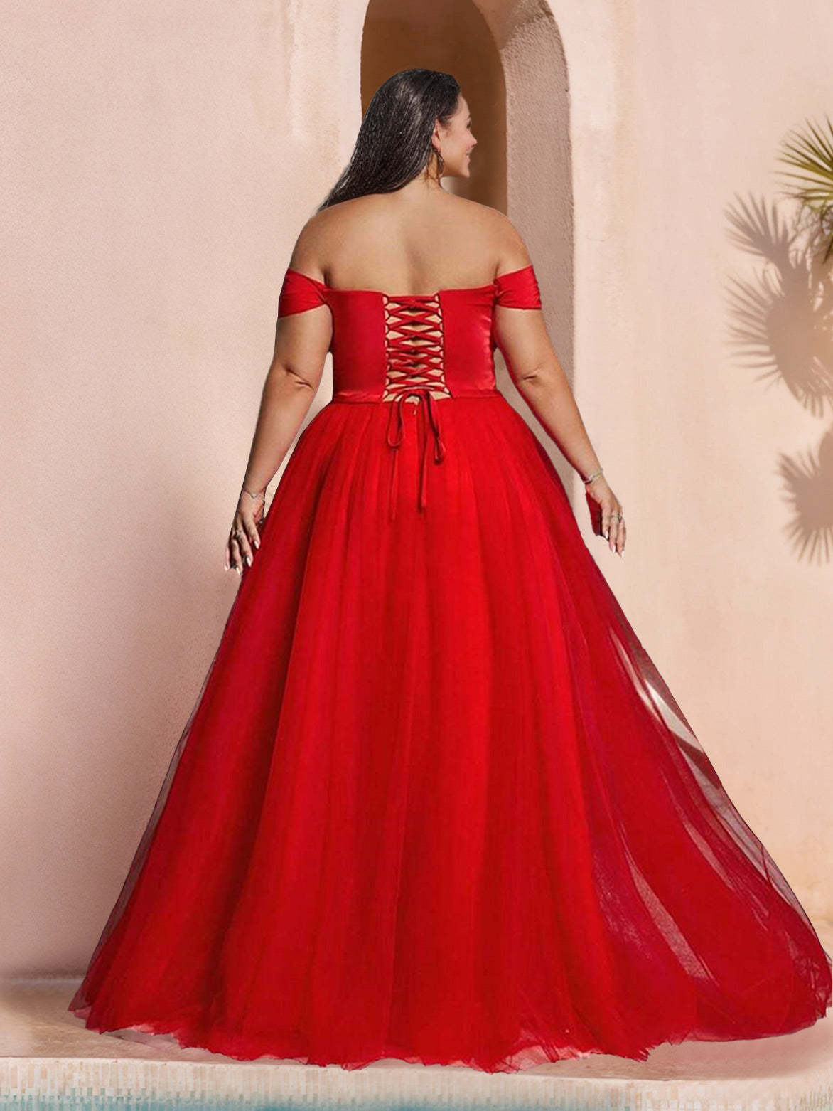 Off-the-shoulder Sleeveless Plus Size Ball Gown with Ruffles Side Split and Floor-Length Design